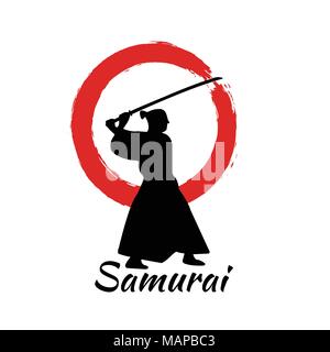 Giapponese Samurai Warriors Silhouette con spada katana sulla Luna Rossa. Illustrazione Vettoriale. Illustrazione Vettoriale