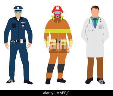 Set di poliziotto, medico, pompiere icone piana. Servizio 911. Fumetto illustrazione vettoriale. Illustrazione Vettoriale
