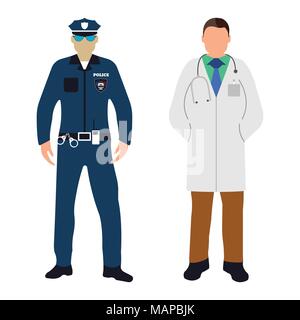 Poliziotto e medico icona piatta. Servizio 911. Fumetto illustrazione vettoriale. Illustrazione Vettoriale