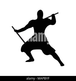 Guerriero Ninja Silhouette su sfondo bianco. Vettore isolato illustrazione. Illustrazione Vettoriale