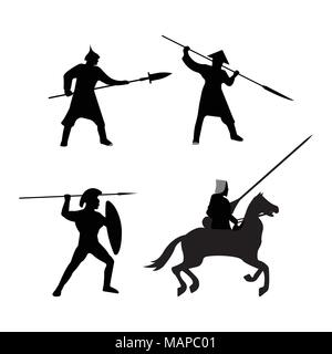 Il set di guerrieri Silhouette su sfondo bianco. Vettore isolato illustrazione. Illustrazione Vettoriale