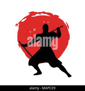 Guerriero Ninja Silhouette sulla luna rossa e sfondo bianco. Vettore isolato illustrazione. Illustrazione Vettoriale