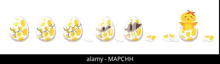 Vettore stile fumetto illustrazione del cracking colorato uovo di Pasqua per animazione. Carino pulcino giallo con fiocco rosso nati da uova di vacanza. Illustrazione Vettoriale