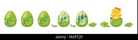 Vettore stile fumetto illustrazione del cracking colorato uovo di Pasqua per animazione. Carino pulcino giallo con fiocco rosso nati da uova di vacanza. Illustrazione Vettoriale