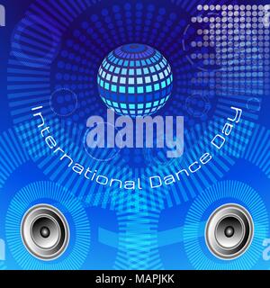 Internazionale di Danza di giorno. Concetto dell'evento. Sfera a specchio per le parti, dinamica del suono, blu grunge background. Stile Techno Illustrazione Vettoriale