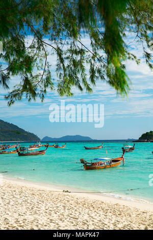 Molte barche sul bellissimo mare spiaggia di sabbia a Koh Lipe, Satun, Thailandia Foto Stock