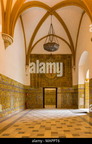 All'interno del Real Alcázar di Siviglia (Reales Alcázares de Sevilla) un Mudejar Royal Palace Nel centro della città Spagnola di Siviglia, Adalusia, Spagna Foto Stock