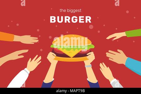 Il più grande concetto burger illustrazione vettoriale di felice la gente vuole avere gustoso hamburger Illustrazione Vettoriale