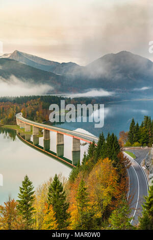 Lago Sylvenstein e ponte circondato dalla nebbia di mattina, Bad Tolz-Wolfratshausen district, Baviera, Germania, Europa Foto Stock