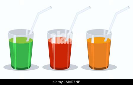 Set di vettore di vegetali freschi succhi di frutta. Verde, rosso, arancione piana. Illustrazione Vettoriale