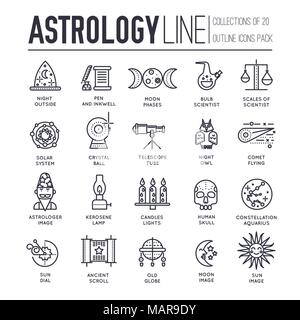 Casa astrologia linea sottile design icone illustrazione set. Profilo piatto oroscopo del concetto di elementi. Telecamera di vettore, lenti e altro personale sfondo lineare Illustrazione Vettoriale