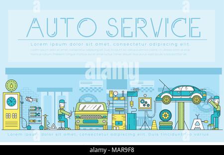 Auto service concezione paesaggio. Linea sottile le icone con sfondo piatto design. Lavoratore di riparazione meccanica di un auto in garage. Stazione di veicolo con attrezzi di officina Illustrazione Vettoriale