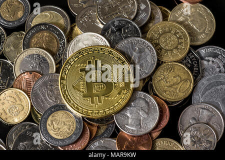 Golden bitcoin su un palo di diverse monete. Foto Stock
