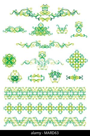 Set di vettore di linea arte cornici e bordi per il modello di progetto. Elemento in Europa orientale e stile a molla. Contorno verde cornici floreali. Ingresso linea mono arredo per i Illustrazione Vettoriale