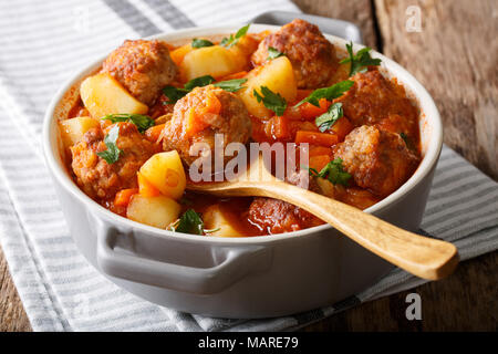 Stufato di calda zuppa di polpette con verdure in salsa di pomodoro closeup in una pentola sul tavolo orizzontale. Foto Stock