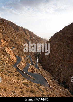 Curva strada tortuosa visto dalla parte superiore della gola Dadas in Marocco Foto Stock