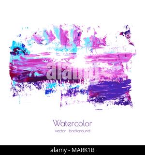 Viola, rosa, viola, magenta, turchese, navy blue acquerello texture Vernice a mano su sfondo bianco. Inchiostro asciugano i tratti di pennello macchie macchie, spruzzi. Illustrazione Vettoriale