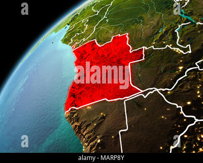 Illustrazione di Angola come visto da orbita terrestre in tarda serata con visibili le linee di confine e luci della citta'. 3D'illustrazione. Gli elementi di questa immagine f Foto Stock