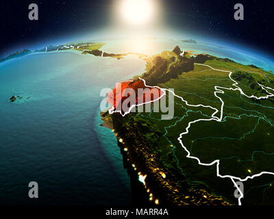 Sunrise Ecuador sopra evidenziate in rosso sul modello del pianeta Terra nello spazio con visibili i confini del paese. 3D'illustrazione. Gli elementi di questa immagine furni Foto Stock