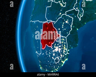 Spazio vista orbita del Botswana evidenziata in rosso sul pianeta terra di notte con visibili i confini e le luci della città. 3D'illustrazione. Elementi di th Foto Stock