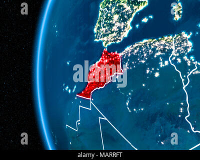 Spazio vista orbita del Marocco evidenziata in rosso sul pianeta terra di notte con visibili i confini e le luci della città. 3D'illustrazione. Elementi di thi Foto Stock