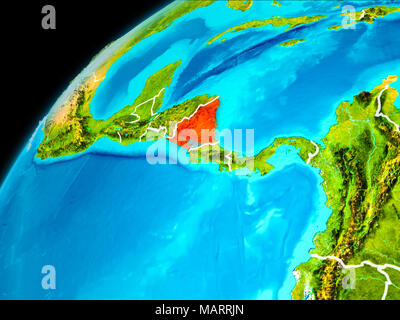 Vista orbita del Nicaragua evidenziata in rosso con confini visibili sul pianeta Terra. 3D'illustrazione. Gli elementi di questa immagine fornita dalla NASA. Foto Stock