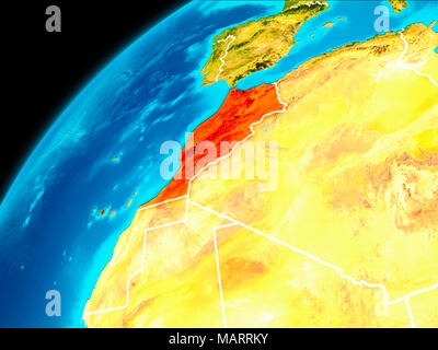 Vista orbita del Marocco evidenziata in rosso con confini visibili sul pianeta Terra. 3D'illustrazione. Gli elementi di questa immagine fornita dalla NASA. Foto Stock