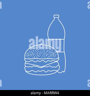 Burger e una bottiglia di soda water. Nocivo Le abitudini alimentari. Design per banner e stampa. Illustrazione Vettoriale