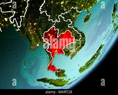 In Tailandia all'inizio. La luce del mattino evidenziata in rosso sul pianeta Terra con visibili le linee di confine e luci della citta'. 3D'illustrazione. Gli elementi di questa immagine Foto Stock