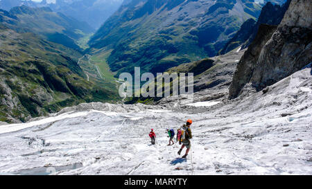 Gruppo dei maschi di alpinisti attraversando un ghiacciaio sulla loro strada verso il basso da un elevato picco alpino Foto Stock