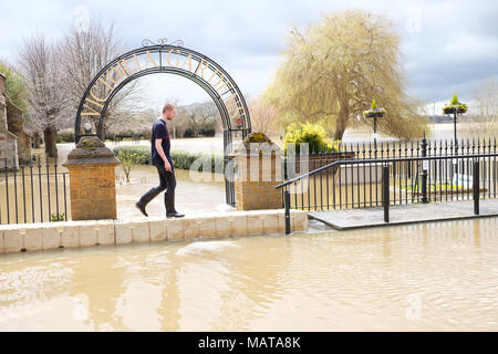 Tewkesbury, Gloucestershire, Regno Unito - Mercoledì 4 Aprile 2018 - Le inondazioni a fianco dei fiumi a Tewkesbury - una per un residente il solo modo di accedere alle loro proprietà è con wellies tramite un pontone galleggiante - La città sorge alla confluenza del fiume Severn e il fiume Avon - Agenzia per l'ambiente ha un rosso allarme alluvione in luogo a Tewkesbury - ulteriore è prevista pioggia come fiume locale i livelli di crescita. Foto Steven Maggio / Alamy Live News Foto Stock