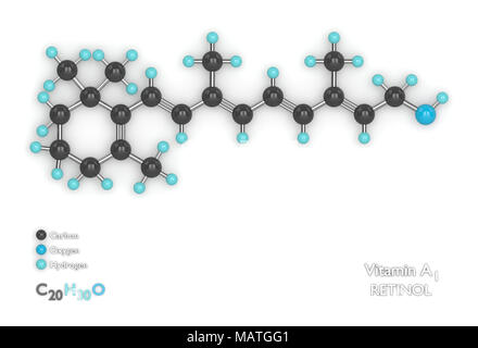 3D render del modello molecolare con formula molecolare di vitamina A1 su sfondo bianco Foto Stock