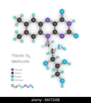 3D render del modello molecolare con formula molecolare di vitamina B2 su sfondo bianco Foto Stock