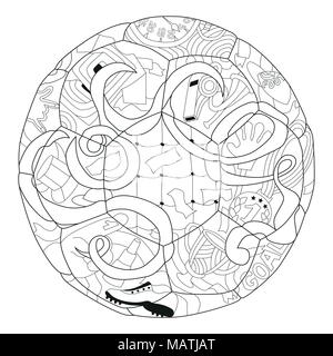 Pallone da calcio zentangle stile con linee pulite per il libro da colorare per anti stress, t-shirt design, tattoo e altre decorazioni Illustrazione Vettoriale