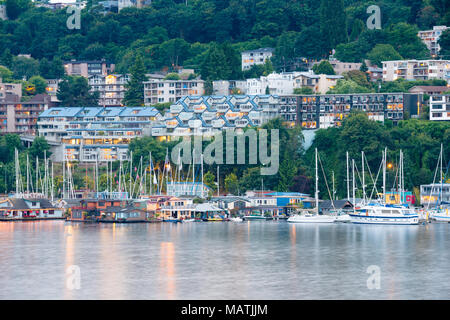 Le case galleggianti sul Lago Union, Seattle, nello Stato di Washington, USA Foto Stock