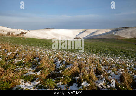 Una leggera copertura di neve sul Pewsey Downs nel Wiltshire. Foto Stock