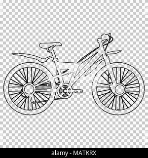 Delineare la figura bicicletta semi-faccia su sfondo trasparente, contorno vettoriale in bianco e nero un disegno a righe, stencil, immagine monocromatica, bike sketch, silhouette, libro da colorare Illustrazione Vettoriale
