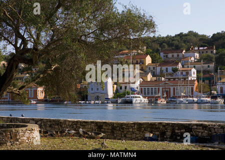 Gaios Harbour, dall'isolotto di Agios Nikolaos, Paxos, Grecia Foto Stock