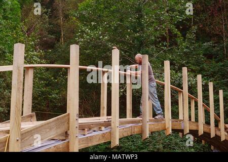 17 in una serie di 32, la costruzione di una passerella di legno. Un lavoratore del montaggio del corrimano. Foto Stock