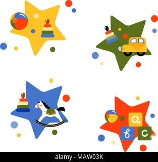 Quattro illustrazioni vettoriali con i giocattoli per bambini. Eps 10 Illustrazione Vettoriale