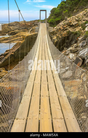 Vista prospettica della sospensione ponte sul fiume tempeste di bocca in Tsitsikamma National Park, Eastern Cape, vicino a Plettenberg Bay in Sud Africa. Una popolare destinazione turistica lungo la Garden Route. Foto Stock