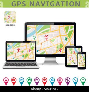 Sistema di navigazione GPS. Modello infografico Illustrazione Vettoriale