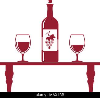 Rosso bottiglia di vino e due bicchieri in piedi sulla tavola. Illustrazione Vettoriale