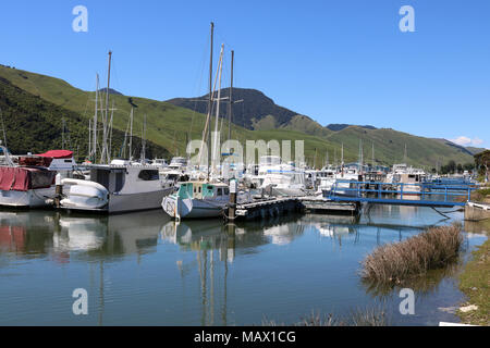 Vista delle barche e yacht in marina a Havelock sul suono Pelorus, regione di Marlborough, Isola del Sud, Nuova Zelanda Foto Stock