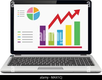 Computer portatile con grafici, statistiche sullo schermo isolato su sfondo bianco Illustrazione Vettoriale