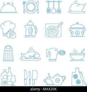 Moderna linea sottile set di icone di cottura, utensili per la cucina e il cibo Illustrazione Vettoriale