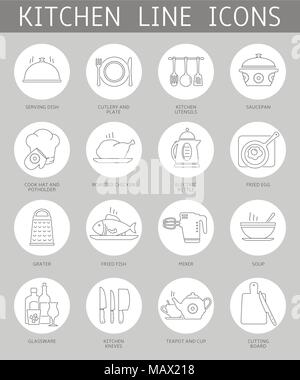 Moderna linea sottile set di icone di cottura, utensili per la cucina e il cibo Illustrazione Vettoriale