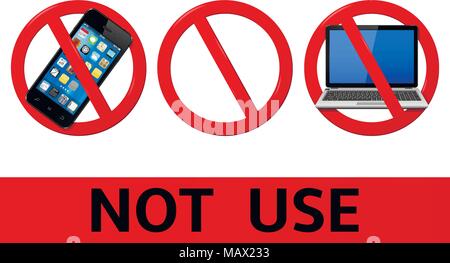 Non utilizzare lo smartphone e laptop segni isolati su sfondo bianco Illustrazione Vettoriale