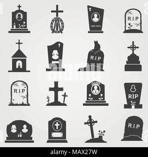 Cimitero croci, lapidi e monumenti funerari web set di icone Illustrazione Vettoriale