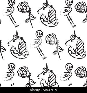 Sfondo fiori carino unicorn flamingo decorazione Illustrazione Vettoriale